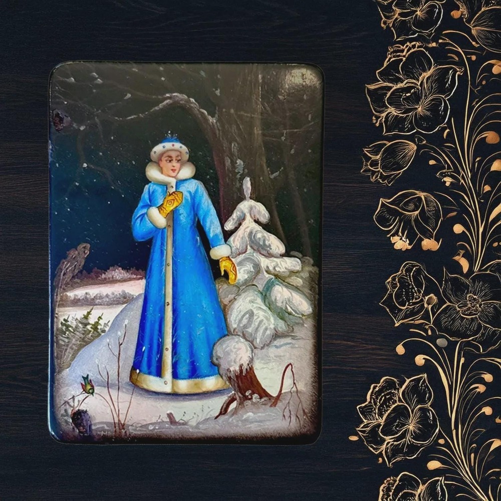 vtg Russian Lacquer Box Snow Maiden Snegurochka Hand-Painted Winter Fedoskino - Picture 1 of 5
